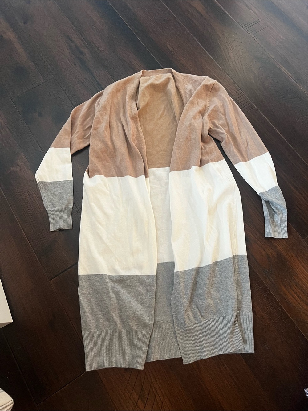 Long Colorblock Open Cardigan - Beige, White & Gray